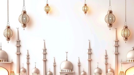 Wall Mural - Postcard for the holiday Eid al adha. Mosques and minarets, lanterns on a white background with blank space