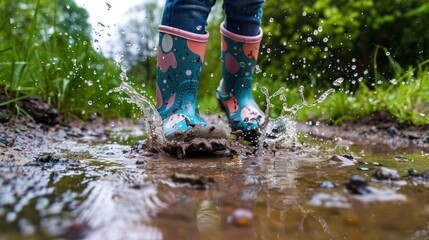 Wall Mural - A pair of rain boots splashing in a puddle after a spring shower. 