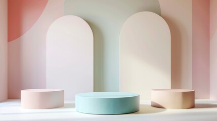 Aufkleber - Three-dimensional 3d cylinder pedestal podium set in pastel colors and abstract shapes. Modern rendering geometric forms. Minimal scene. Showcase stage, mockup product display.