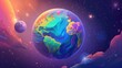 A vibrant illustration of a fantastical planet in space