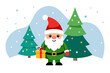 © AL - isolated on white clean background, cute smile young fat gnome on snowy January with gift and christ mas tree flad color