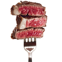 Slices of meat beef steak on a fork isolated on transparent background, clipart, cutout, png.