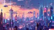 Cybernetic Cityscape Create an illustration of a futuristic city skyline, featuring towering skyscrapers, flying vehicles, and holographic advertisements
