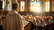 A priest delivering a sermon from the pulpit to a congregation of attentive listeners.