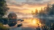 Sunrise Serenity Craft a pattern featuring a tranquil sunrise over a calm lake or river Include elements such as misty morning fog, fishing boats, and lakeside cabins 