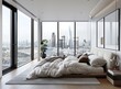 High end interior design of a modern bedroom with floor-to-ceiling windows providing a view over the London skyline including the BW tower
