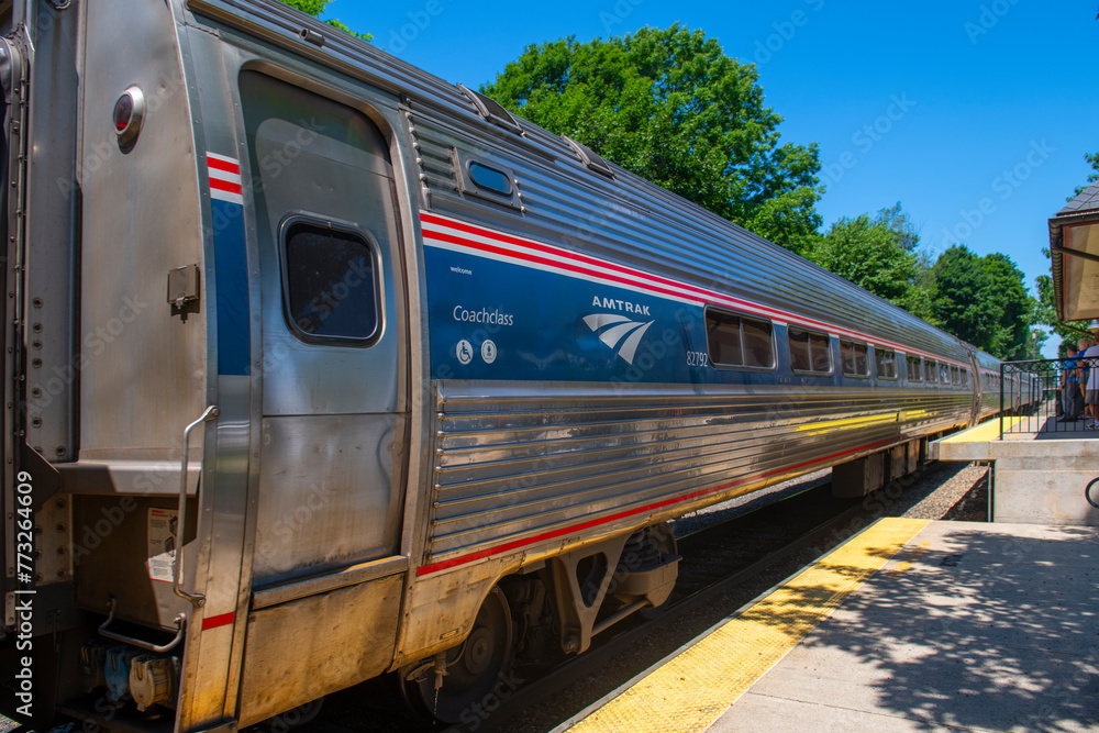Amtrak Amfleet I coach class at Exeter Train Station in summer at 60 ...