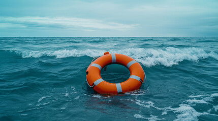 Orange lifebuoy floating in rough sea waves Life ring in stormy ocean Safety equipment