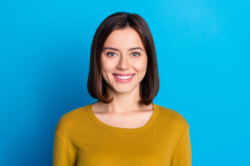 Sticker - Photo of pretty cheerful lady dressed shirt smiling showing white teeth isolated blue color background