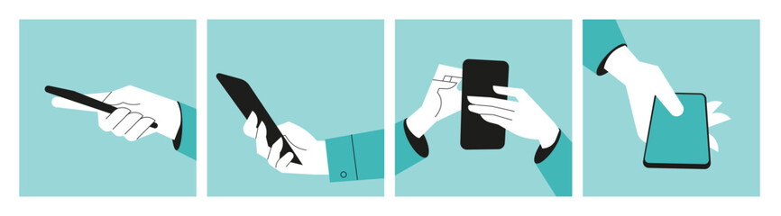 Wall Mural - hand holding and using mobile phone. set of vector illustrations of communication, mobile app, smart