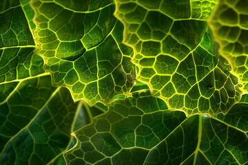 Backlit green leaves reveal a delicate network of veins, showcasing nature’s intricate and radiant artistry