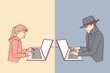 © drawlab19 - Suspicious man is chatting with little girl via laptop, trying to deceive child who is using internet. Concept of problem of pedophilia and committing crimes against children via internet