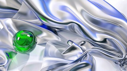 Poster - Abstract background. Silver cloth on a white background and a green glass ball on a white background.
