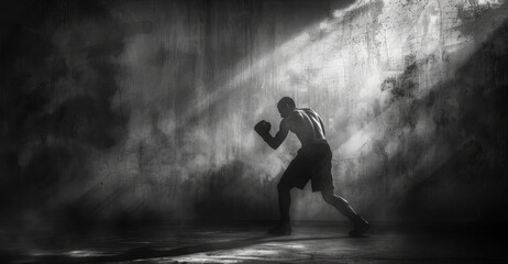 Wall Mural - A dramatic black and white image capturing the silhouette of a focused boxer training in a smoky gym, emanating strength and determination.