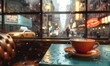 A warm cup of coffee sits on a wet table, looking out onto a rainy city street with cars and buildings.