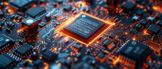 Poster - The orange and blue circuit board and html code describe technological processes. Can be used to explain science, education and technology.