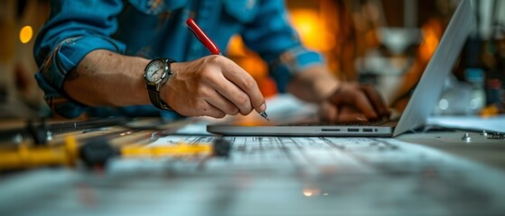 Aufkleber - A young engineer holds a red pen to point out a building on a blueprint and uses a laptop to write a presentation for a working meeting.