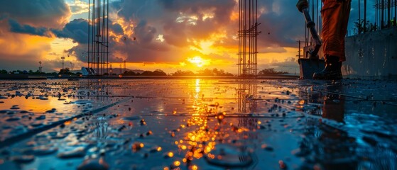 Aufkleber - Using a concrete pump, a construction worker pours concrete on a construction site as the sun sets