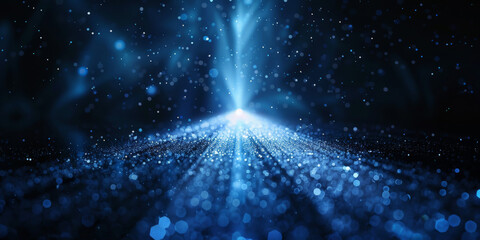 A single beam of light, laser, composed by glowing lines and dots in blue color on black background. futuristic abstract blue neon light motion technology digital concept, Digital Wave Technology
