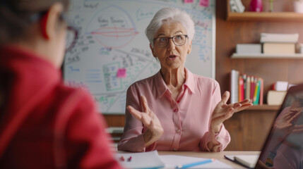 Canvas Print - An educator discusses a topic with visible graphs on the whiteboard behind her.