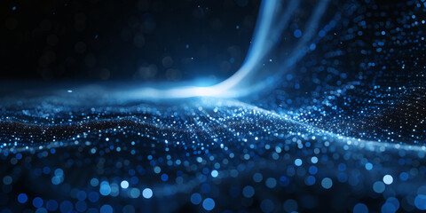 A single beam of light, laser, composed by glowing lines and dots in blue color on black background. futuristic abstract blue neon light motion technology digital concept, Digital Wave Technology