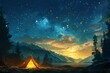 Starry night camping, family inside glowing tent, low angle, rich night colors, fantasy illustration