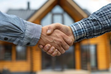 closeup of finalize of a deal hands shaking on a blurred background with a new house