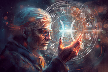 Wall Mural - old magician holds the zodiac sign Pisces on the background of outer space