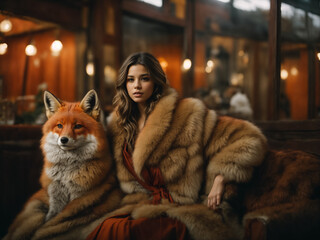 a girl in a red natural fur coat next to her is a fox