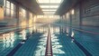 Early morning sunlight bathes empty swimming lanes in a tranquil pool setting