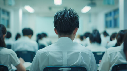 Poster - A teacher's back view with rows of students in uniforms facing a blackboard.