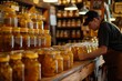 A man is busy at work in a store filled with jars of honey, organizing and stocking shelves