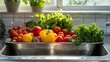 Stainless steel sink with fresh produce in soft natural light