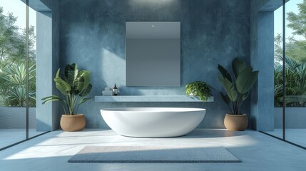   A bathroom featuring a bathtub, sink, and two potted plants beside it