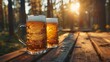 Frothy beer mugs on a wooden table in a sunlit forest clearing