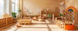 © Daniela - Playful kindergarten classroom or Montessori pre school with wooden furniture or wall