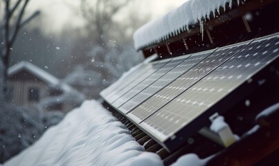 Wall Mural - Snow covering the solar panel in sunset light. Winter renewable solar concept