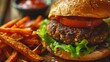 Savory vegetarian burger with juicy toppings and a side of seasoned sweet potato fries, presented in a warm, appetizing setting.