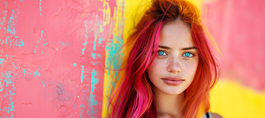 Wall Mural - A woman with pink hair and blue eyes stands in front of a yellow and pink wall. The wall has a graffiti. Portrait of a hair young girl with multicolored hair on bright pink pop art background