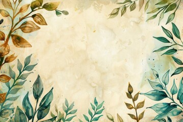 Wall Mural -  Letter background with summer leafs on old paper as watercolor illustration