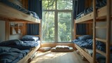 Fototapeta Do akwarium - Hostel interior with navy blue bedding on wooden bunks and a bright window view