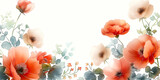Fototapeta Tulipany - Vibrant Poppy Watercolor Border. A beautiful painting of a flower garden with a white background