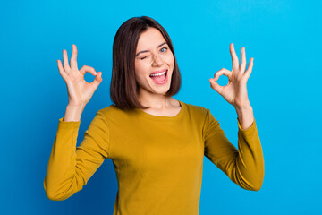 Wall Mural - Photo of tricky positive woman wear shirt blinking showing two okey gestures isolated blue color background
