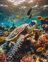 Wall Mural - Sea turtle swimming on group of colorful fish and sea animals with colorful coral underwater in ocean, Underwater world in scuba diving scene, Endangered Turtle, Pollution in oceans concept 