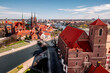 Aerial drone view of Church of St. Mary on the Sand, Tumski bridge, Cathedral of St. John the Baptist in Wrocław