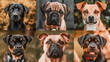 A row of dogs with their mouths open and tongues hanging out. The dogs are all smiling and looking at the camera. Collage of dogs