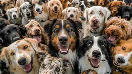 Canvas Print - A group of dogs are smiling and looking at the camera. The dogs are of different breeds and sizes, and they are all happy and excited to be in the picture