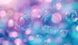   A collection of bubbles afloat against a backdrop of blue and pink, overlapping as they ascend