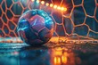 Closeup of a smart soccer ball glowing with energy, poised in front of a hightech goal