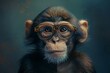  A monkey wearing glasses against a monkey's head backdrop